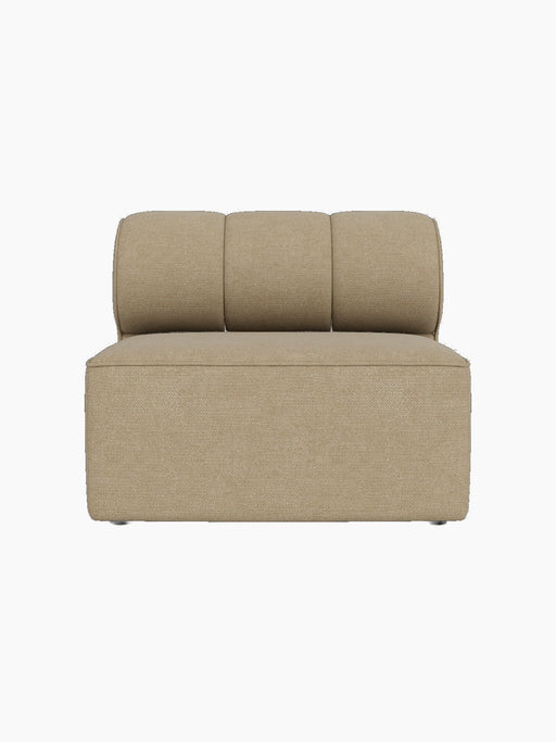 Front view of the Eave Seamline Modular Sofa, 86, Open Section in a light beige bouclé fabric against a black background.