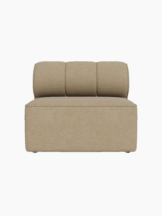 Front view of the Eave Seamline Modular Sofa, 86, Open Section in a light beige bouclé fabric against a black background.