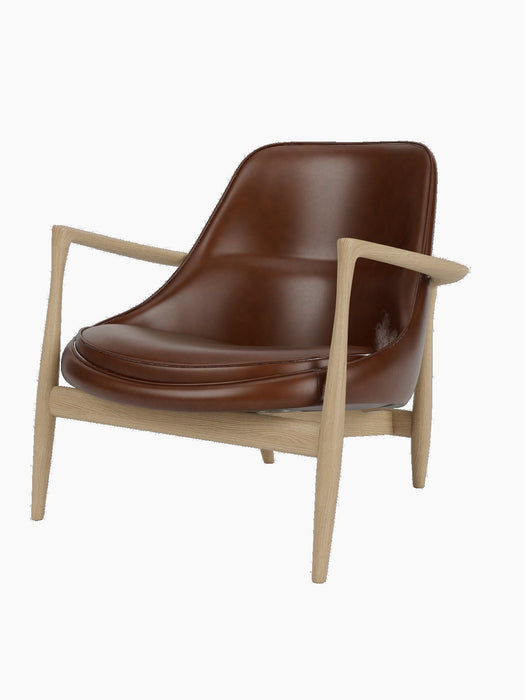 A three-quarter view of the Elizabeth Lounge Chair with a natural oak frame, sculpted arms and brown leather upholstery.