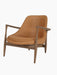 A three-quarters view of the Elizabeth Lounge Chair, featuring a dark walnut frame and cognac-coloured leather upholstery.