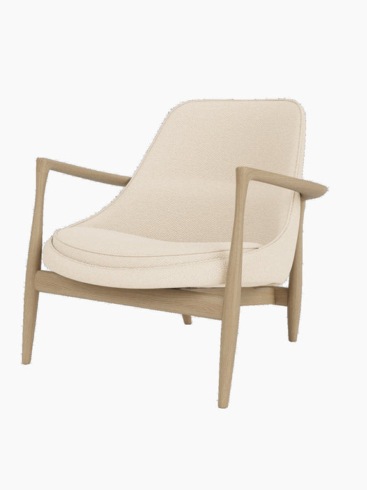 Elizabeth Lounge Chair in Natural Oak with Logan Jasmine upholstery, shown from a front-three-quarters angle.