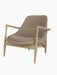 Studio photograph of the Elizabeth Lounge Chair. The chair has a natural oak frame and is upholstered in Logan Flint fabric.