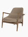The Elizabeth Lounge Chair, featuring a dark walnut frame with sculpted armrests and Logan Flint upholstery.