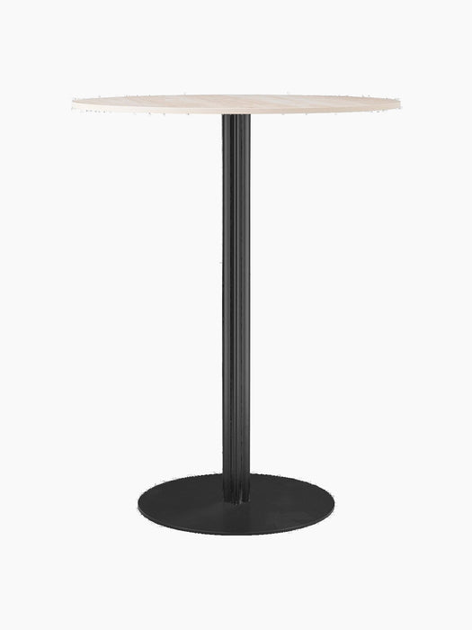 Front view of the Harbour Column Bar Table, showing its light round top, slender black fluted column, and flat round base.