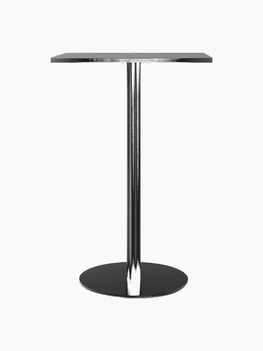A front view of the Harbour Column Bar Table with a rectangular charcoal linoleum top and a black column on a round base.
