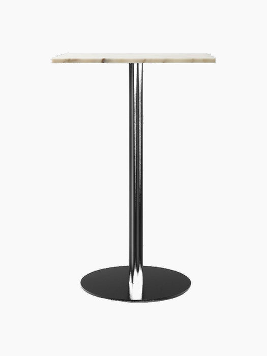 Harbour Column Bar Table with a rectangular off-white marble top, a slender black column, and a round black base.