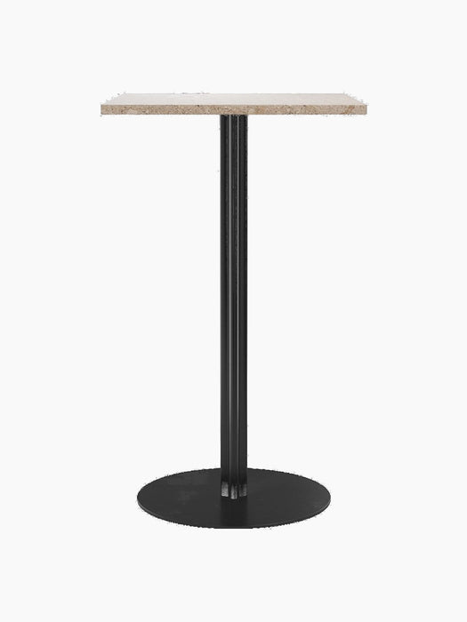 The Harbour Column Bar Table with a rectangular Kunis Breccia stone top and a slender black column with a round base.