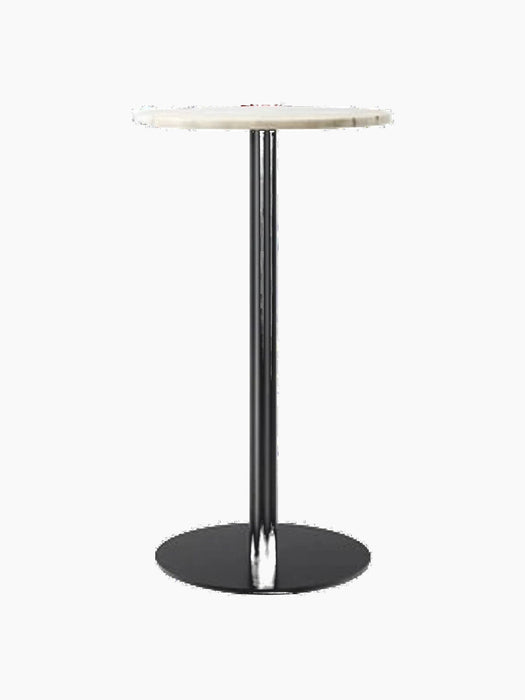 Harbour Column Bar Table with a round off-white marble top, slender black column, and flat circular base.
