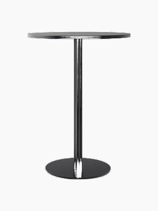 A studio photograph of the Harbour Column Bar Table, featuring a round top in charcoal linoleum on a black column and base.