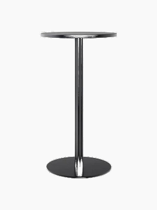 A black Harbour Column Bar Table with a round charcoal linoleum top, a slim central column, and a flat circular base.