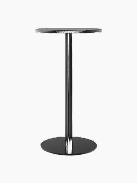 A full profile view of the Harbour Column Bar Table in black, with a round tabletop, a single slender leg, and a round base.