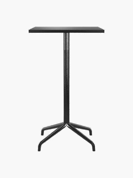 Front view of the black Harbour Column Bar Table with a rectangular charcoal linoleum top and a slender star-shaped base.