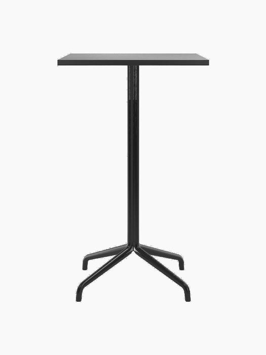 A front view of the Harbour Column Bar Table featuring a rectangular black oak top on a slender black column and a star base.