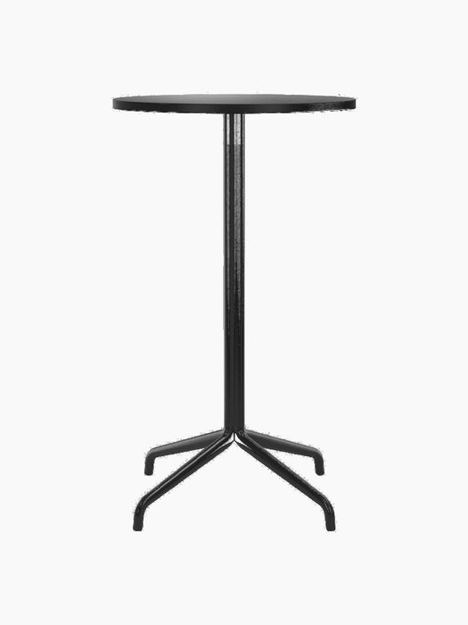 Front view of the Harbour Column Bar Table. The table features a round charcoal linoleum top and a slender black star base.