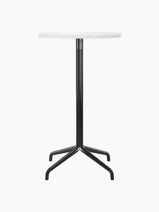 Front view of the Harbour Column Bar Table, featuring a round Estremoz marble top and slender black column with a star base.
