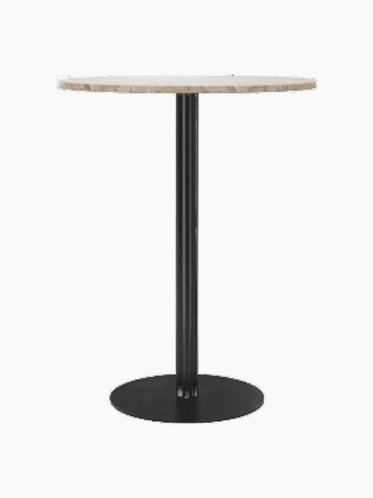 Front view of the Harbour Column Bar Table with a round Kunis Breccia stone top, on a slender black column and round base.
