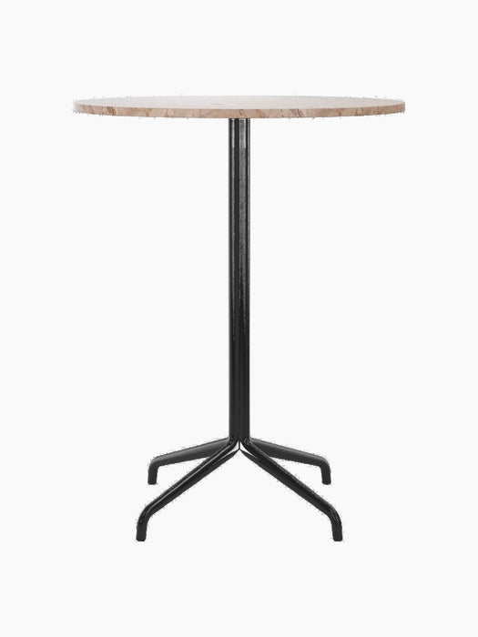 Front view of the Harbour Column Bar Table with a round Kunis Breccia stone top and a black star base on a black background.