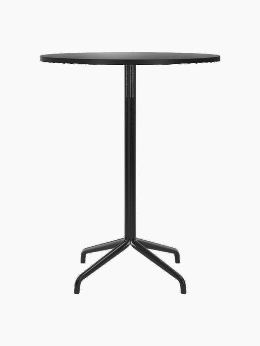 Front view of the Harbour Column Bar Table, featuring a round, charcoal linoleum top on a slim black column with a star base.