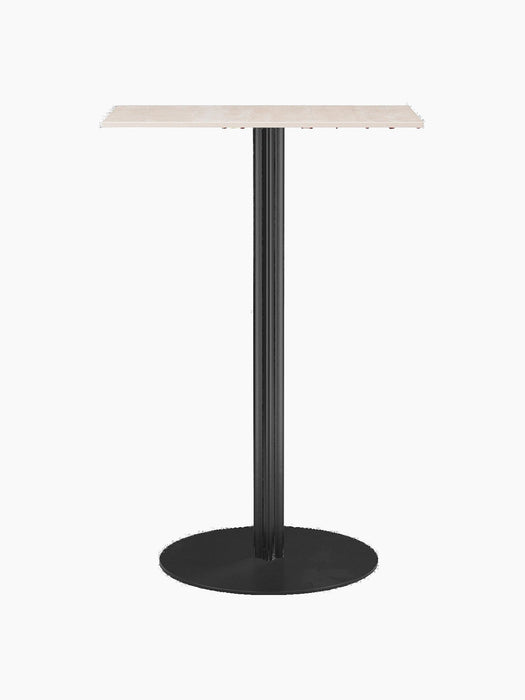 Front view of the Harbour Column Bar Table with a rectangular Kunis Breccia top, a black fluted column, and a round base.