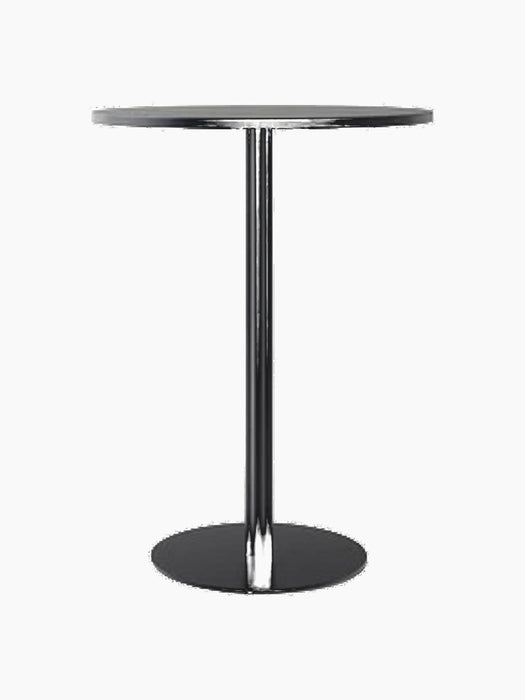 A Harbour Column Bar Table with a round, black-stained oak veneer top and slender black powder-coated steel column and base.