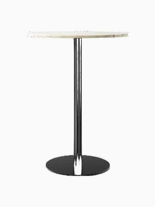 A Harbour Column Bar Table with a round off-white marble top, a slender black central column, and a flat circular black base.