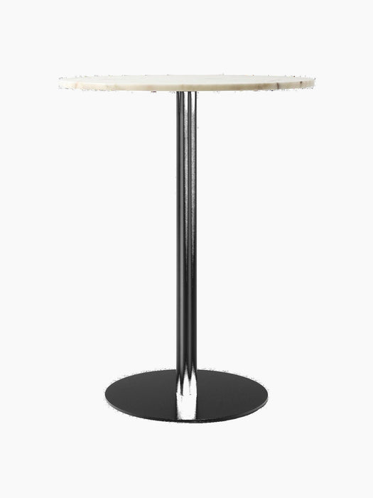 A front view of the Harbour Column Counter Table with a round, off-white marble top on a slim black central column and base.