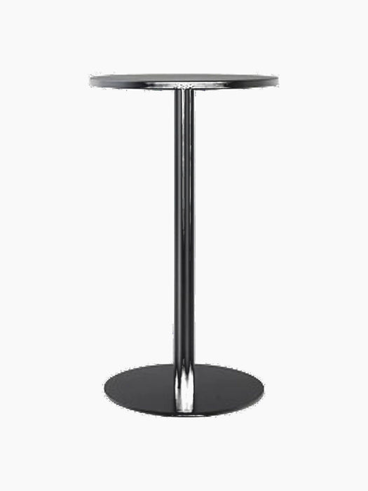 The Harbour Column Counter Table with a round charcoal linoleum top and a slim black column on a round black base.