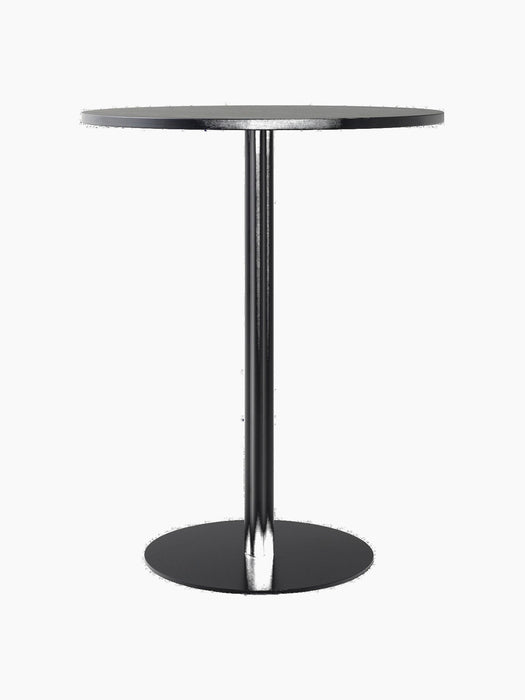 A Harbour Column Counter Table with a round charcoal linoleum tabletop and a black column base against a black background.
