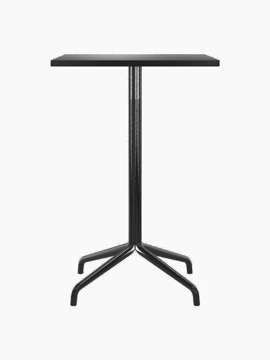 Front view of the Harbour Column Counter Table with a rectangular charcoal linoleum top and a black metal star base.