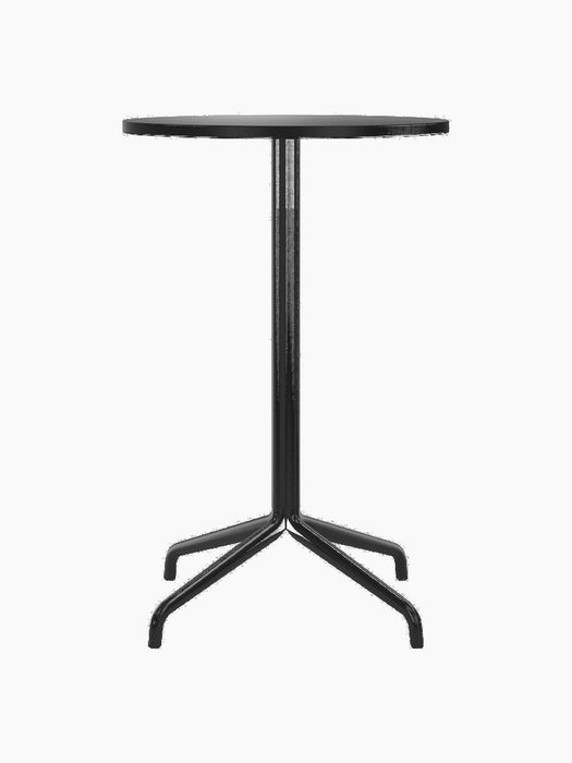 Front view of the Harbour Column Counter Table, featuring a round charcoal linoleum top and a black powder-coated star base.