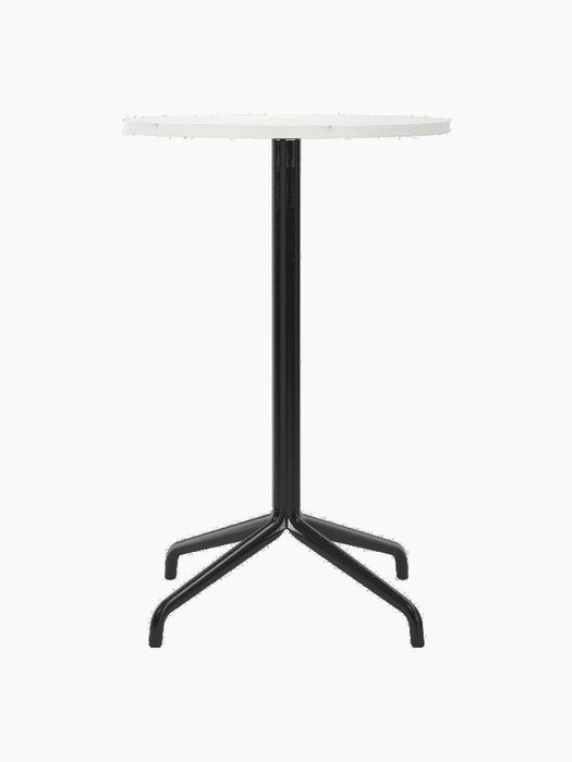 Front view of the Harbour Column Counter Table, featuring a round, white Estremoz marble top and a slim black star base.