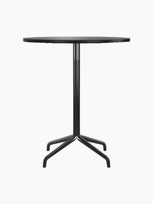 A front view of the Harbour Column Counter Table, featuring a round charcoal linoleum tabletop and a black starbase.