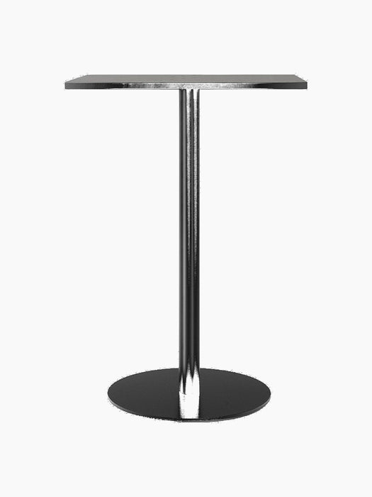 A front view of the Harbour Column Counter Table with a rectangular charcoal linoleum top and a slender black column base.