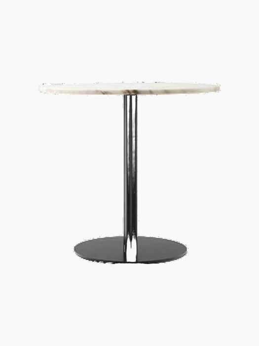 Harbour Column Dining Table with a round off-white marble top, supported by a single black column and a circular black base.