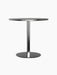A front-on view of the Harbour Column Dining Table with a round charcoal linoleum top and a black column on a round base.