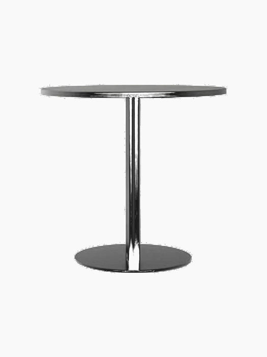A Harbour Column Dining Table with a round, black oak veneer top and a matching black metal column with a circular base.
