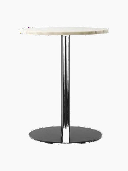 Harbour Column Dining Table with a round off-white marble top, a slender black column and a flat round black base.
