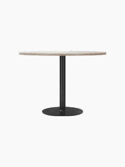 Front view of the Harbour Column Dining Table with a round Kunis Breccia stone top and a black metal column on a round base.