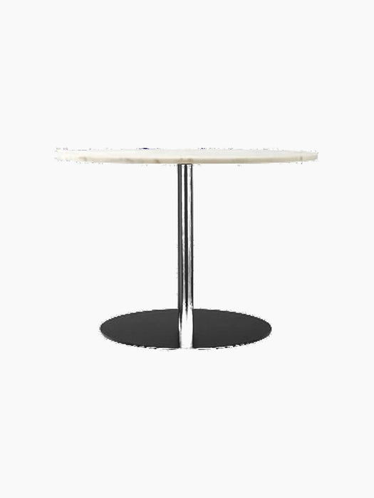 Side view of the Harbour Column Dining Table, featuring a round off-white marble top, slender black column, and round base.