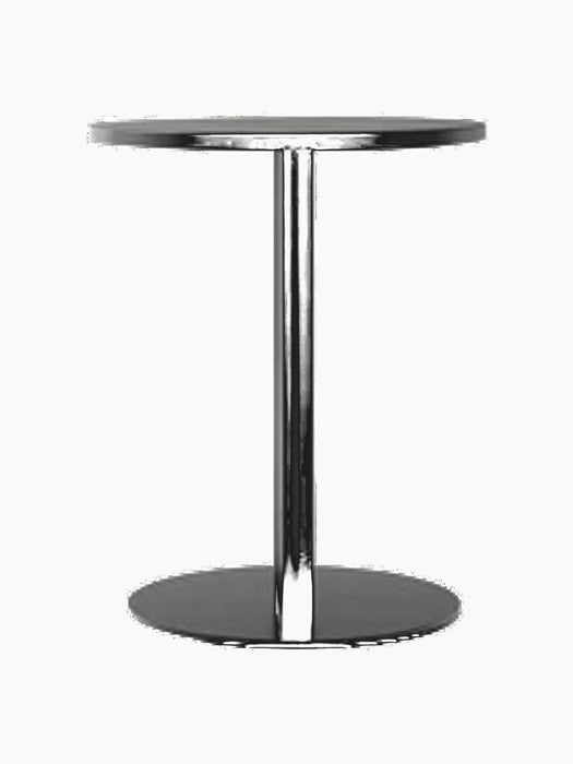 Front view of the black Harbour Column Dining Table with a round charcoal linoleum top and a slim column with a round base.