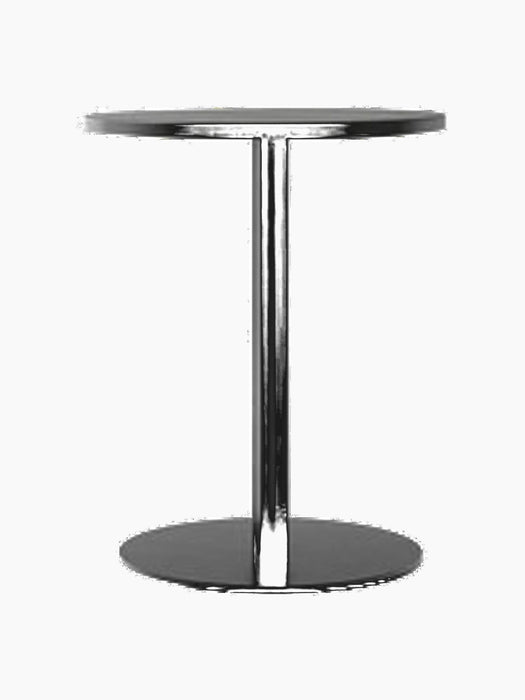 Front view of the all-black Harbour Column Dining Table, featuring a round top, a slim central pillar, and a flat round base.