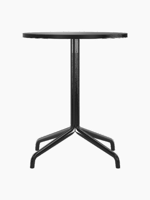 Front view of the Harbour Column Dining Table. It features a round, charcoal linoleum top and a black, four-legged starbase.