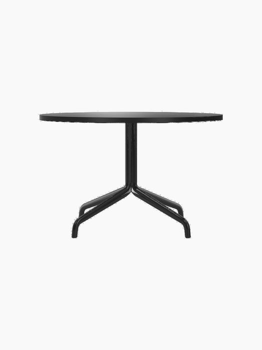 A front-facing view of the Harbour Column Lounge Table, featuring a round charcoal linoleum top and a black star-shaped base.