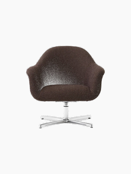 Front view of the Harbour Lounge Chair, upholstered in dark brown Baena fabric with a polished aluminium star swivel base.