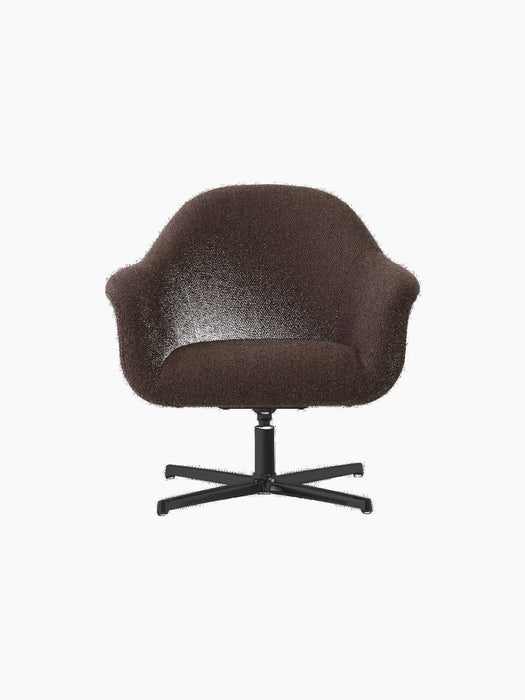 Front view of the Harbour Lounge Chair, upholstered in brown Baena 15 fabric, featuring a black aluminium star swivel base.