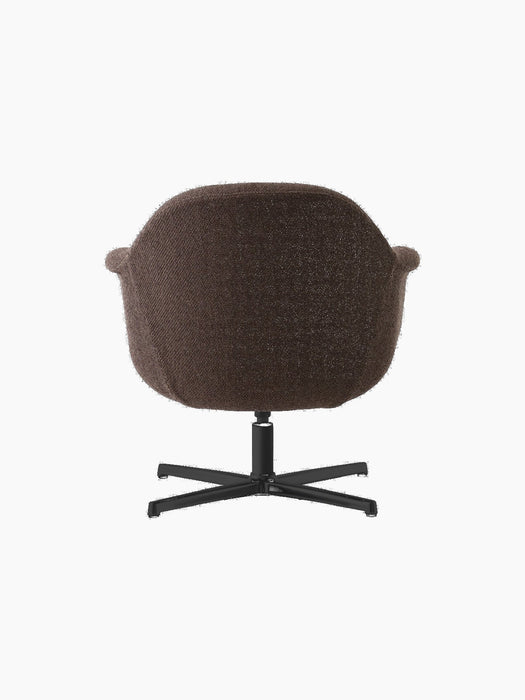 Back view of the Harbour Lounge Chair upholstered in dark brown fabric with a black four-legged star swivel base.