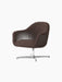Angled view of the Harbour Lounge Chair upholstered in a dark brown Baena fabric, with a polished aluminium swivel star base.
