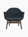 Front view of the Harbour Lounge Chair, upholstered in dark blue Fiord 981 fabric with a dark stained oak frame.