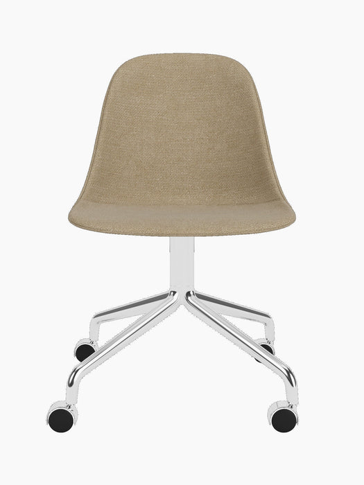 A front view of the Harbour Side Dining Chair with a beige upholstered seat and a polished aluminium star base with casters.