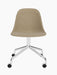 A front view of the Harbour Side Dining Chair with a beige upholstered seat and a polished aluminium star base with casters.